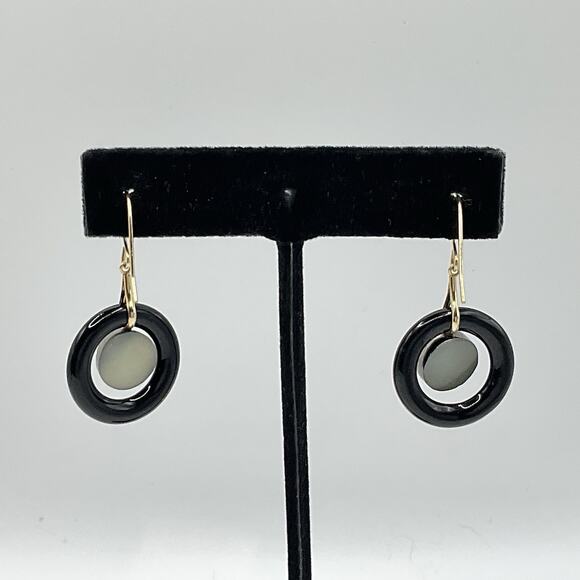 14k Gold Earrings Druzy Hemitate Black Onyx Dangle Hook 1.5” JCM Signed Dangle - Picture 8 of 10